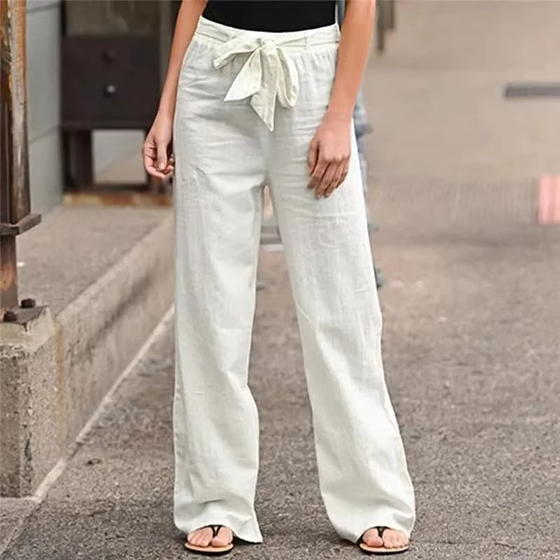 Pantalon Femme Large en Coton Lin à Taille Élastique Confortable Respirant avec Drapé Fluide