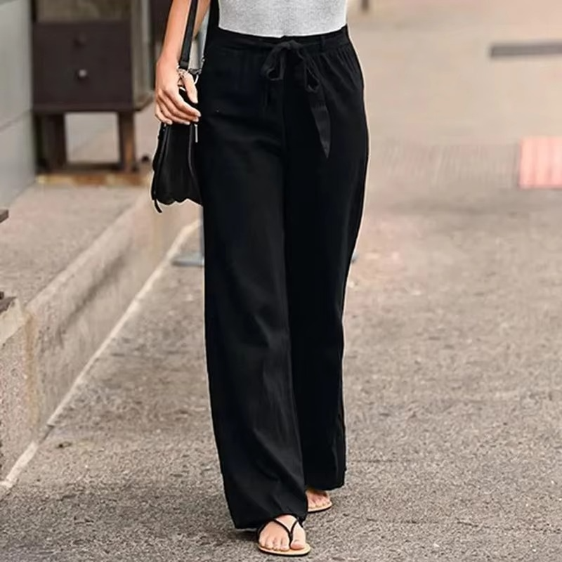Pantalon Femme Large en Coton Lin à Taille Élastique Confortable Respirant avec Drapé Fluide