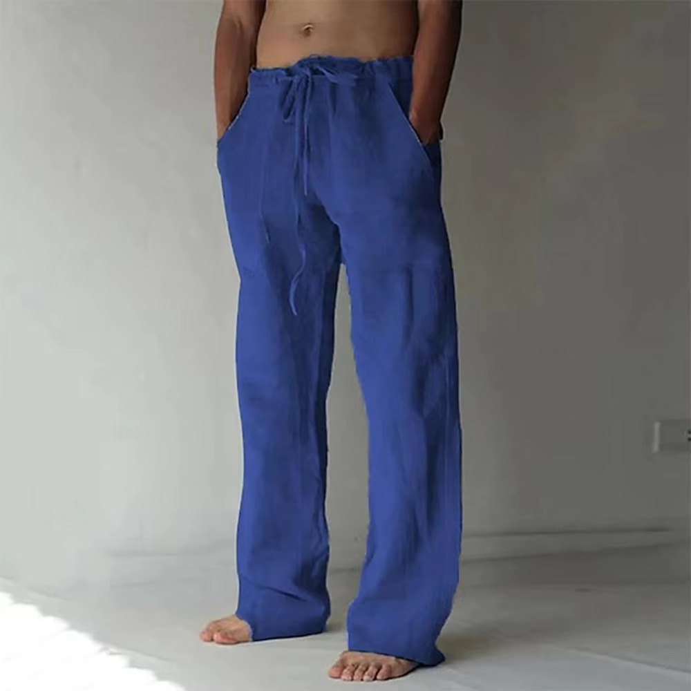 Pantalon Homme Été Décontracté À Cordon De Serrage Couleur Unie Léger Et Respirant Coupe Droite
