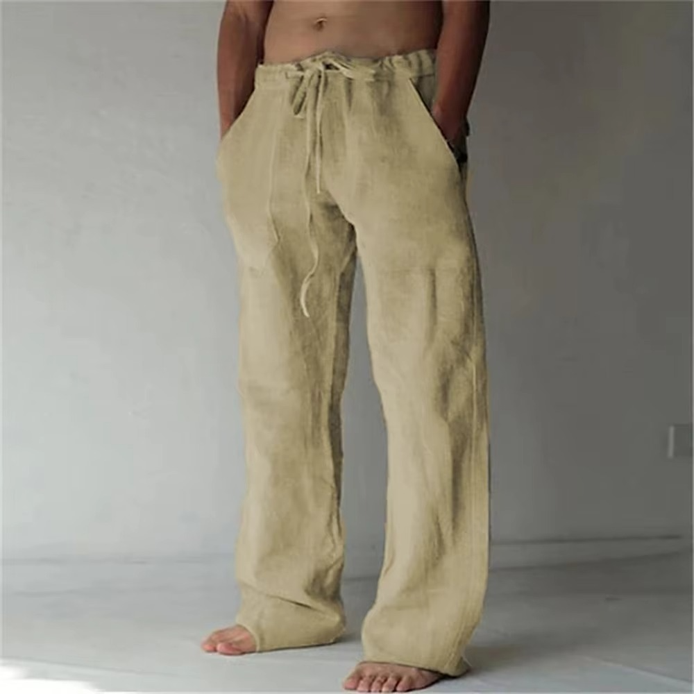 Pantalon Homme Été Décontracté À Cordon De Serrage Couleur Unie Léger Et Respirant Coupe Droite