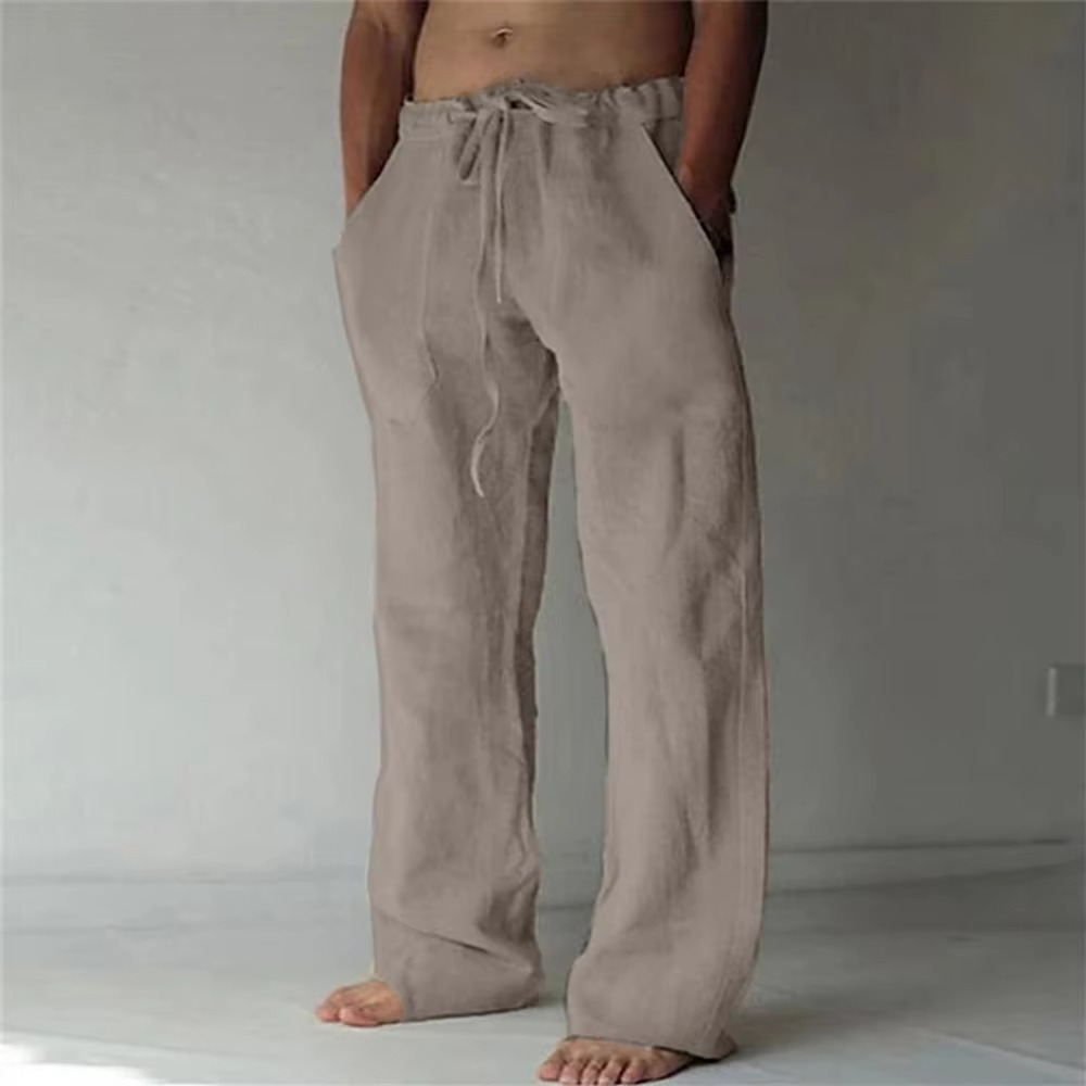 Pantalon Homme Été Décontracté À Cordon De Serrage Couleur Unie Léger Et Respirant Coupe Droite