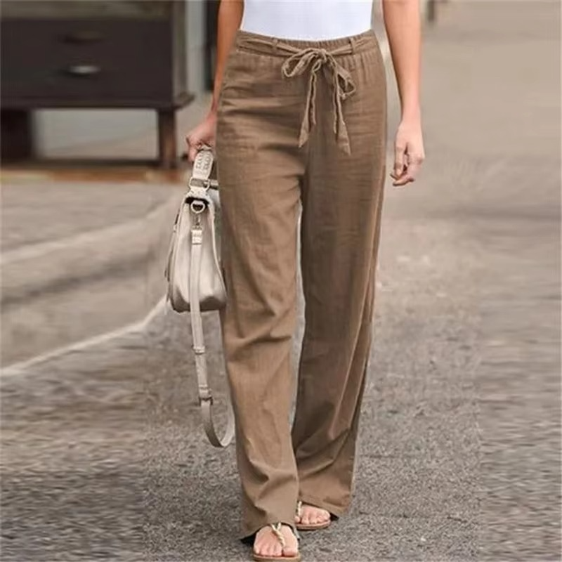 Pantalon Femme Large en Coton Lin à Taille Élastique Confortable Respirant avec Drapé Fluide