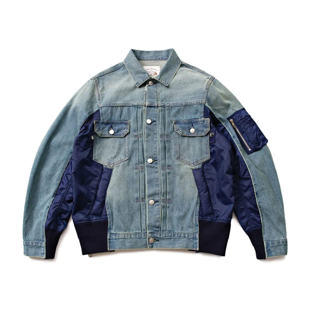 Amawinc Veste Patchwork Denim Et Nylon Déconstruite Avec Panneaux Zippés Et Bouton