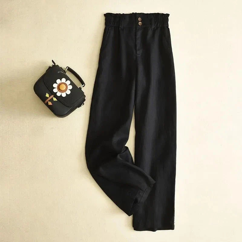 Pantalon Lin Paperbag À Taille Haute Anna Amawinc Coupe Droite Confortable Pour Tous Les Jours