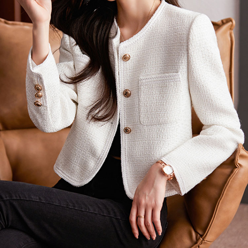 Blazer Femme Tweed Courte À Structure Ajustée Col Rond Bouton Devant Polyvalente Pour Bureau Et Vie Quotidienne