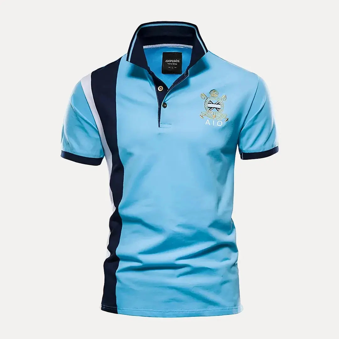 Polo Homme Premium Royal Aaron Avec Blason Brodé Bleu Marine Or Design À Blocs De Couleurs