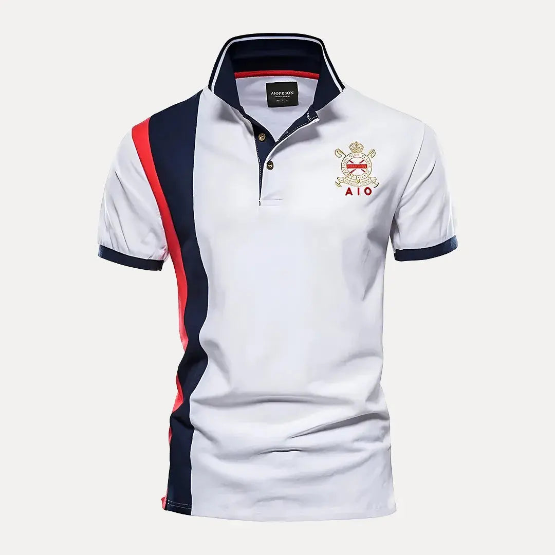 Polo Homme Premium Royal Aaron Avec Blason Brodé Bleu Marine Or Design À Blocs De Couleurs