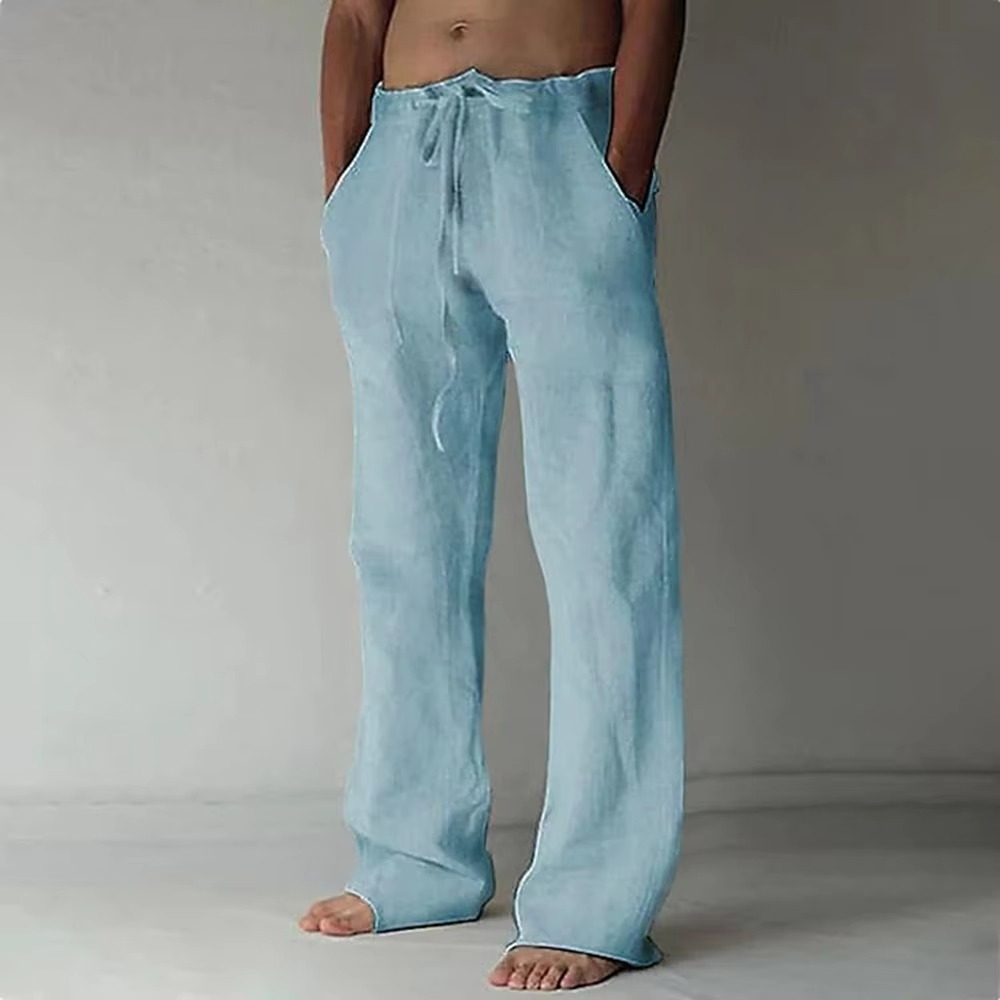 Pantalon Homme Été Décontracté À Cordon De Serrage Couleur Unie Léger Et Respirant Coupe Droite