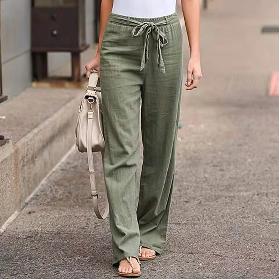 Pantalon Femme Large en Coton Lin à Taille Élastique Confortable Respirant avec Drapé Fluide