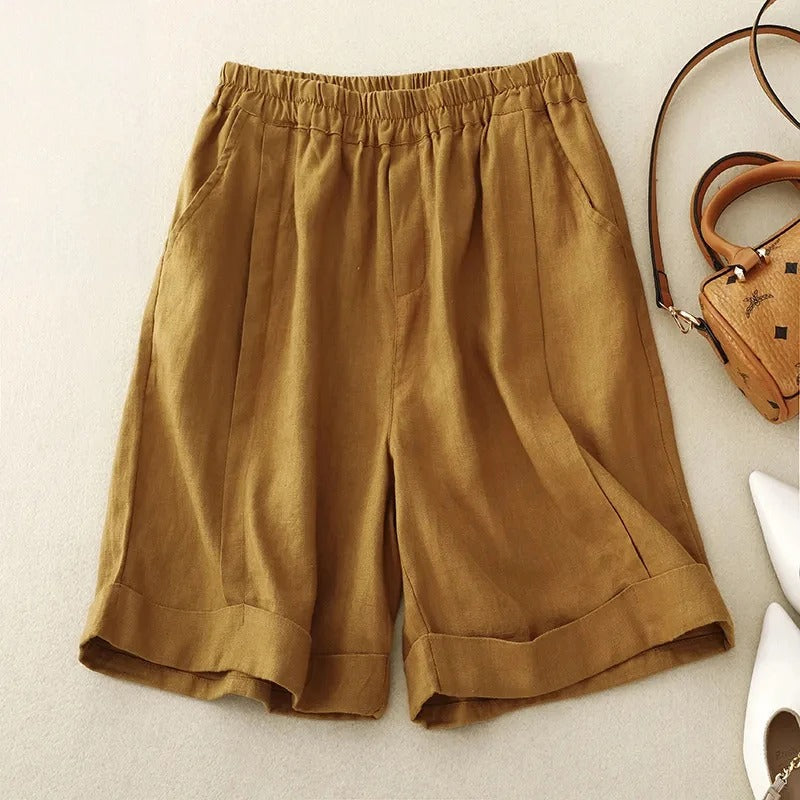 Shorts En Lin Adele Léger Avec Taille Élastique Et Ourlet Roulé Poches Latérales Pour Un Style Décontracté