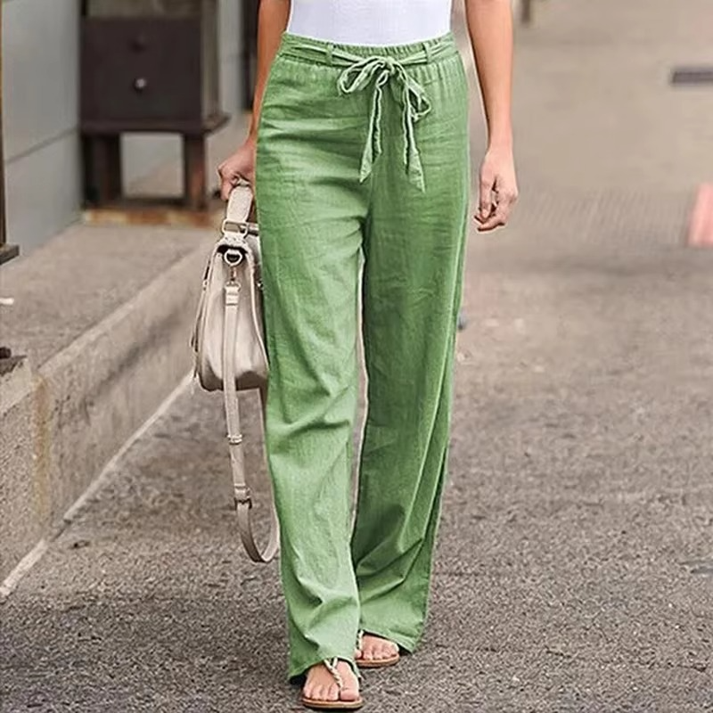Pantalon Femme Large en Coton Lin à Taille Élastique Confortable Respirant avec Drapé Fluide