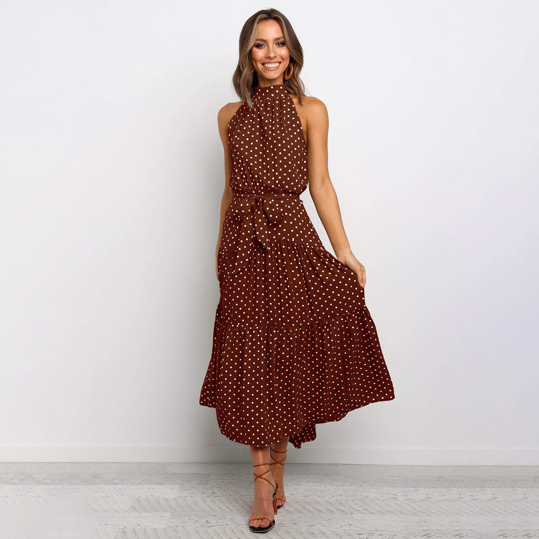 Robe à Col Halter Sans Manches Maxi à Taille Élastique à Pois Élégante Amawinc Pour Été