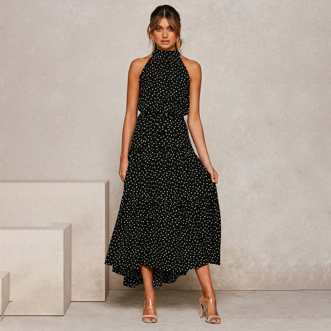 Robe à Col Halter Sans Manches Maxi à Taille Élastique à Pois Élégante Amawinc Pour Été