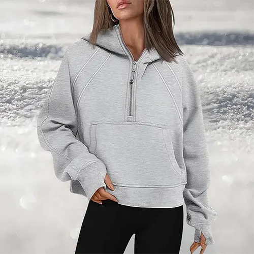 Damen Kapuzenpullover mit großem Schnitt, halbem Reißverschluss und Kängurutasche