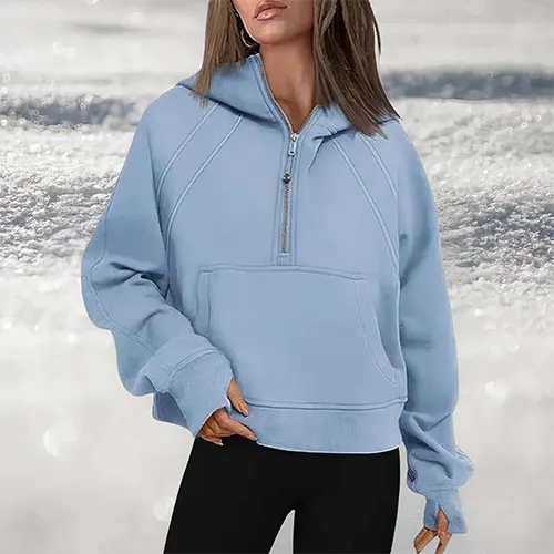 Damen Kapuzenpullover mit großem Schnitt, halbem Reißverschluss und Kängurutasche