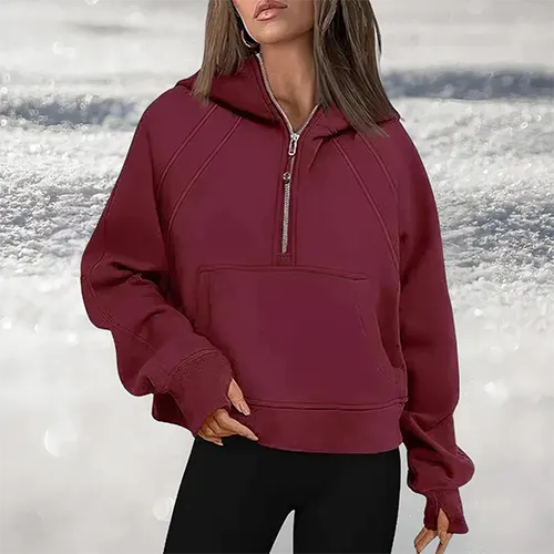 Damen Kapuzenpullover mit großem Schnitt, halbem Reißverschluss und Kängurutasche