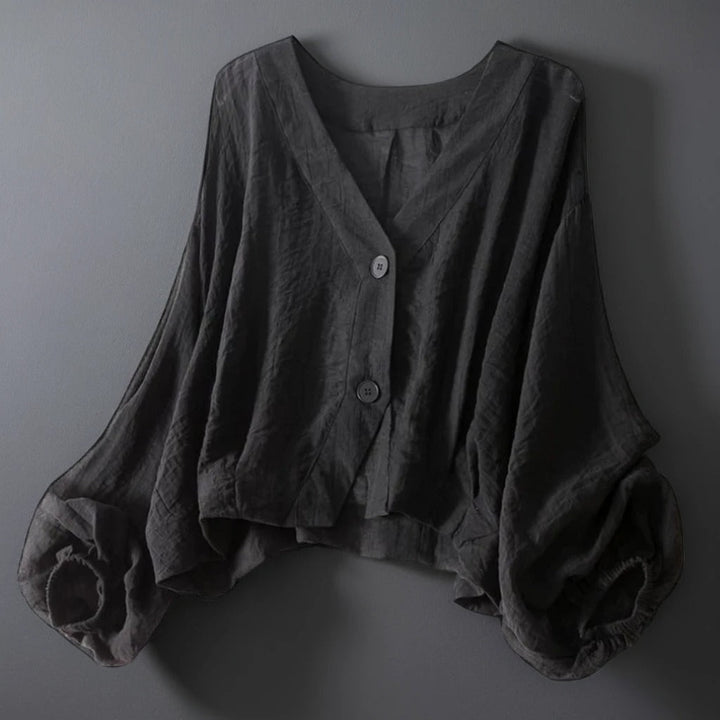 Blouse En Lin Mélangé Aérienne Avec Manches Ballon Et Drapé Léger À Boutons Devant