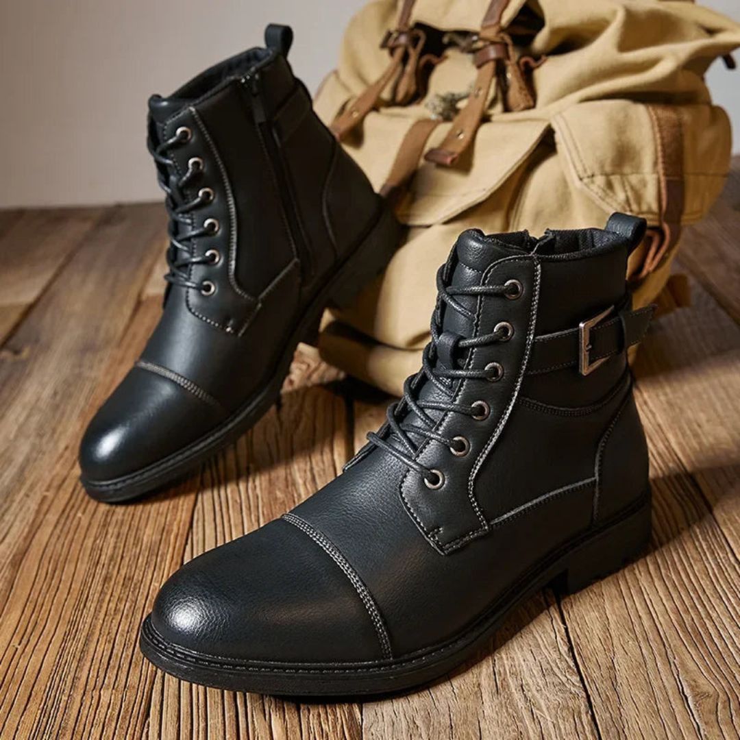 Bottes Streetwear Alaric Militaire Style en Faux Cuir Mat Semelle Antidérapante Confort Rembourré