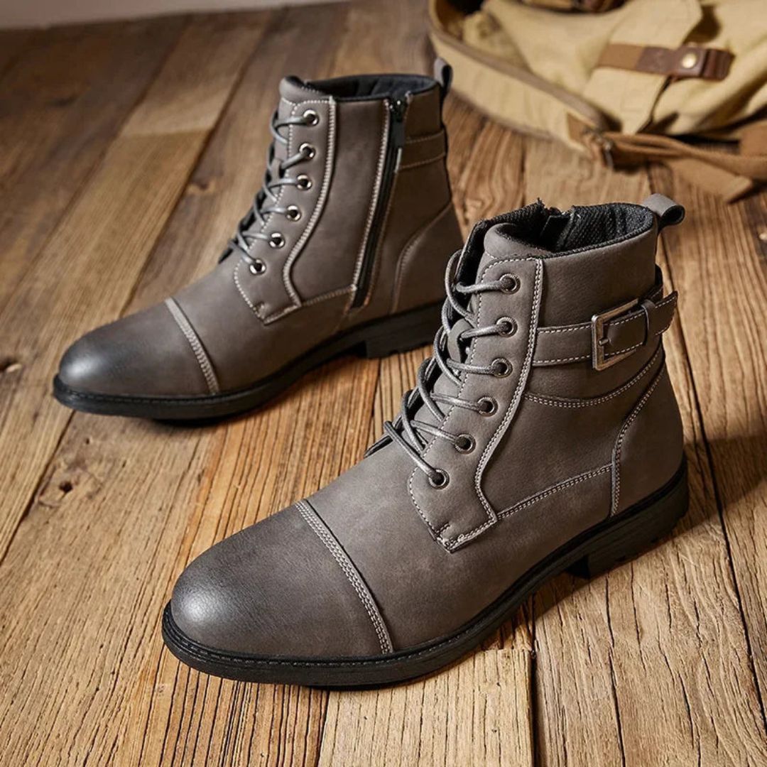 Bottes Streetwear Alaric Militaire Style en Faux Cuir Mat Semelle Antidérapante Confort Rembourré
