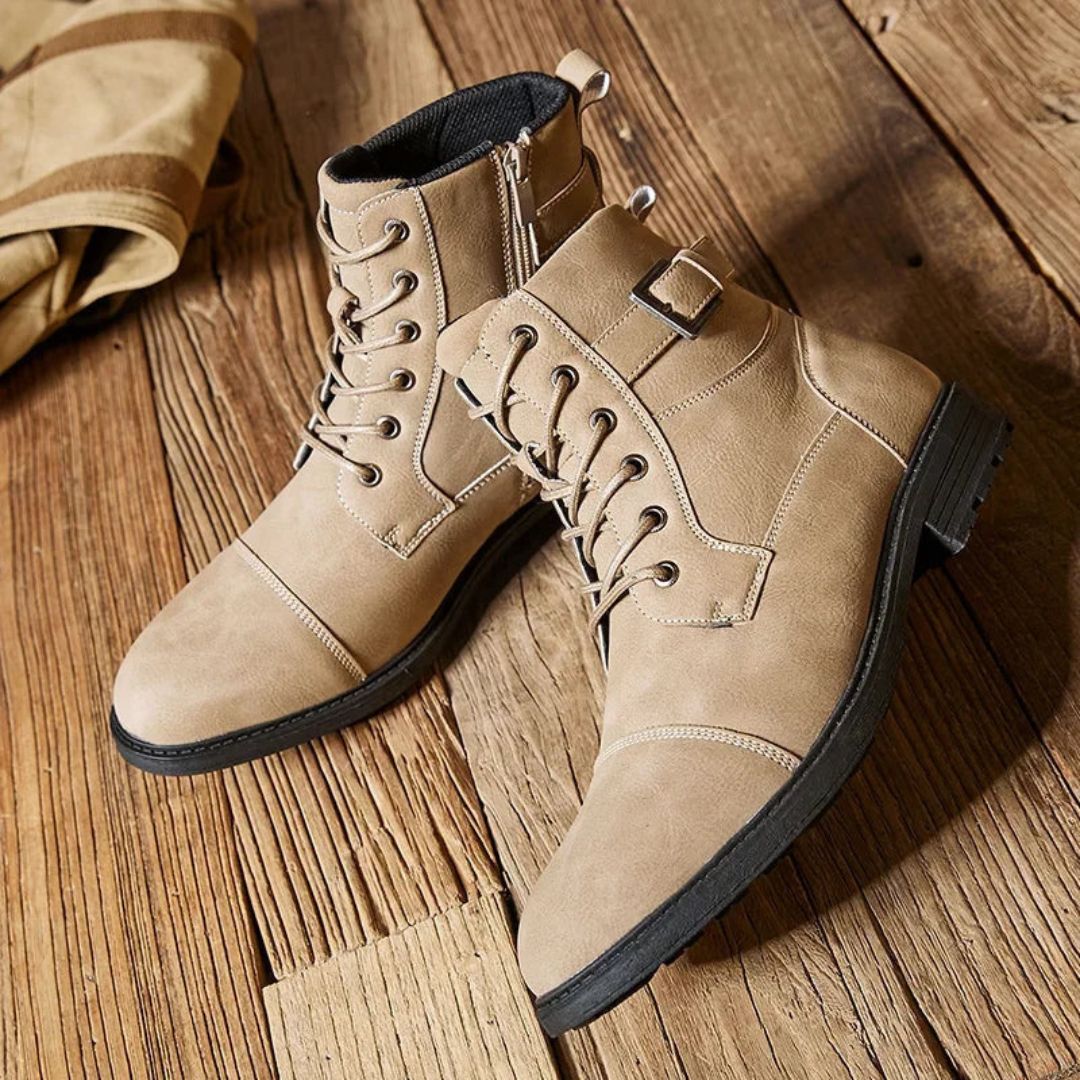 Bottes Streetwear Alaric Militaire Style en Faux Cuir Mat Semelle Antidérapante Confort Rembourré