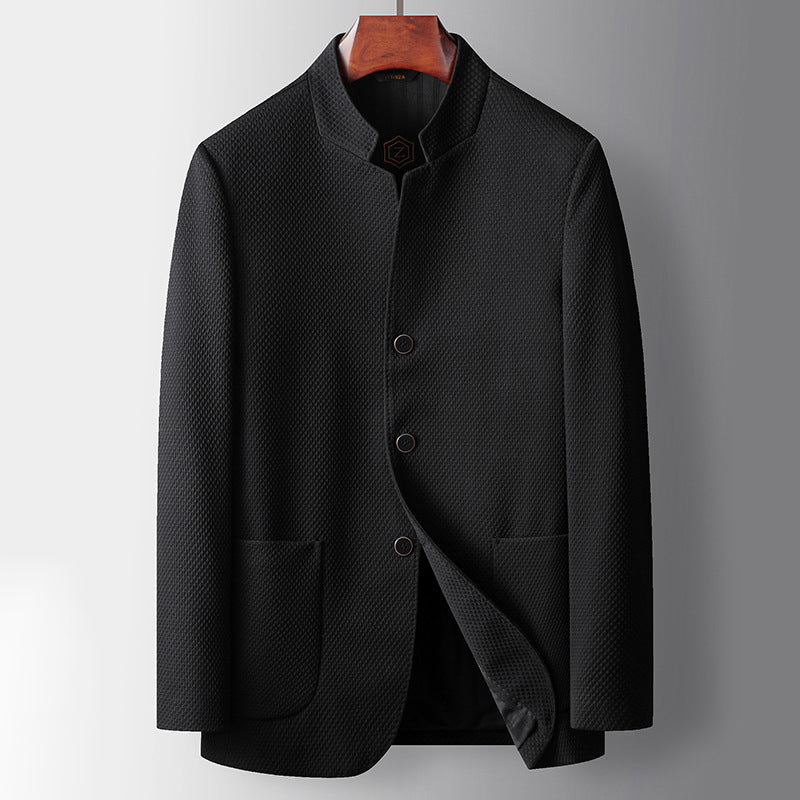 Veste Blazer Homme Coupe Ajustée En Mélange De Laine Col Mandarin Simple Boutonnage Pour Bureau Moderne