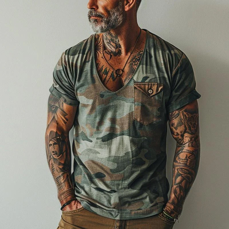 Alessandro Veneti Tee Shirt Ranger Rétro Camouflage Vintage Col V Confortable Et Durable