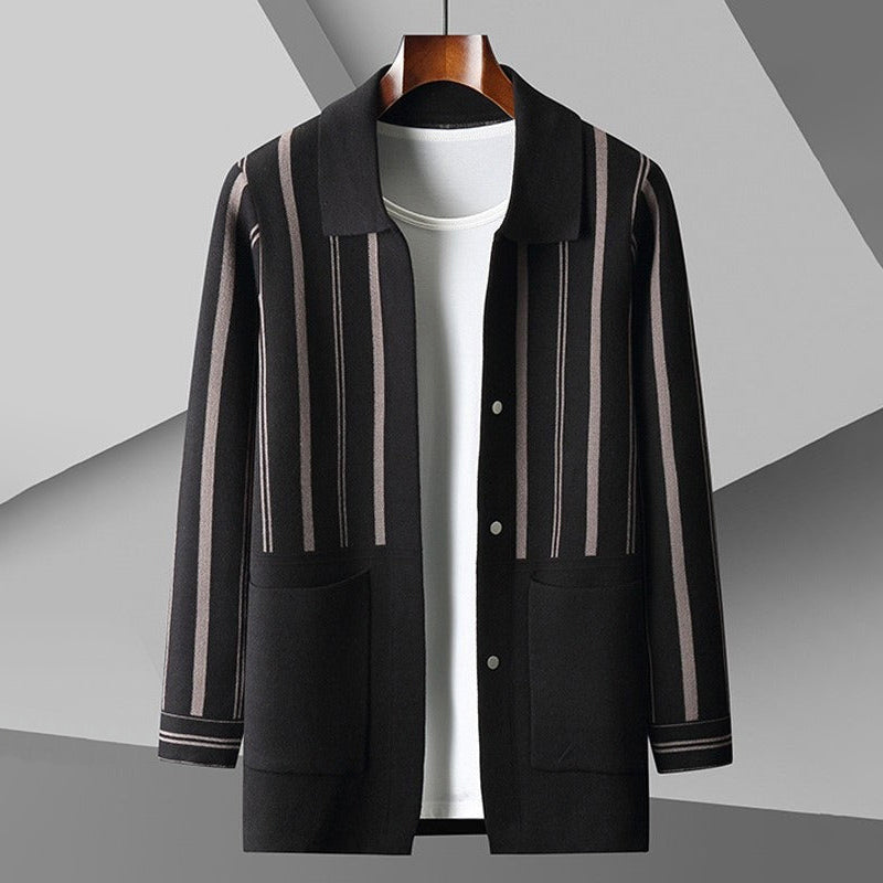 Cardigan Pour Homme En Mélange De Laine À Rayures Coupe Décontractée Bouton Devant Poches Indispensable Pour Superposition