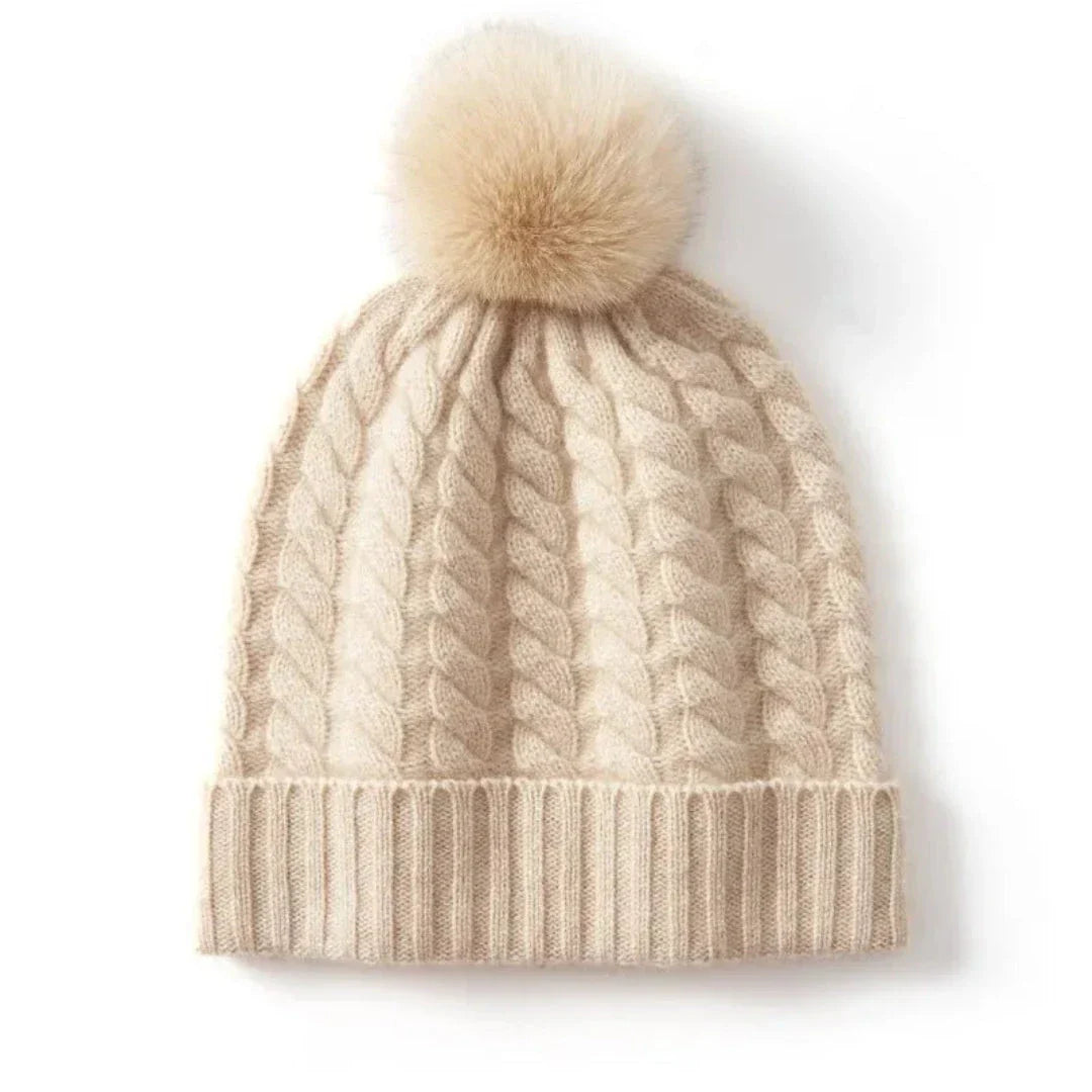 Bonnet En Cachemire À Torsades Avec Pompon En Fourrure Et Bord Côtelé Plié Pour Femme