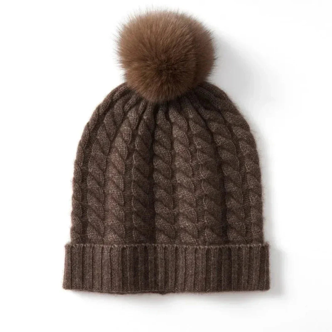 Bonnet En Cachemire À Torsades Avec Pompon En Fourrure Et Bord Côtelé Plié Pour Femme
