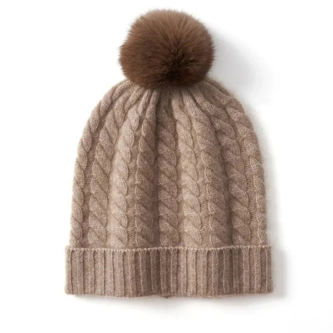 Bonnet En Cachemire À Torsades Avec Pompon En Fourrure Et Bord Côtelé Plié Pour Femme