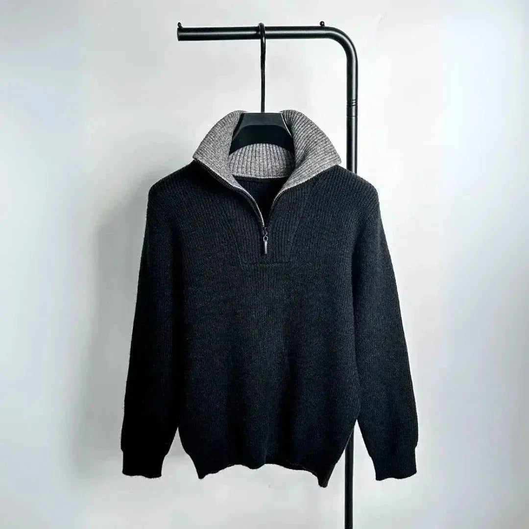 Pull Tricot Alpine À Zip Court Avec Col Debout Contrastant Et Texture Côtelée Douce Pour Style Décontracté