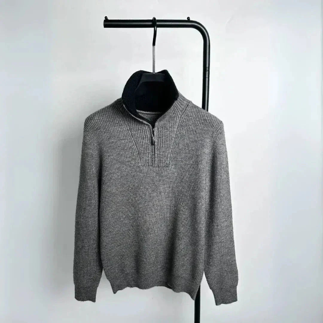 Pull Tricot Alpine À Zip Court Avec Col Debout Contrastant Et Texture Côtelée Douce Pour Style Décontracté