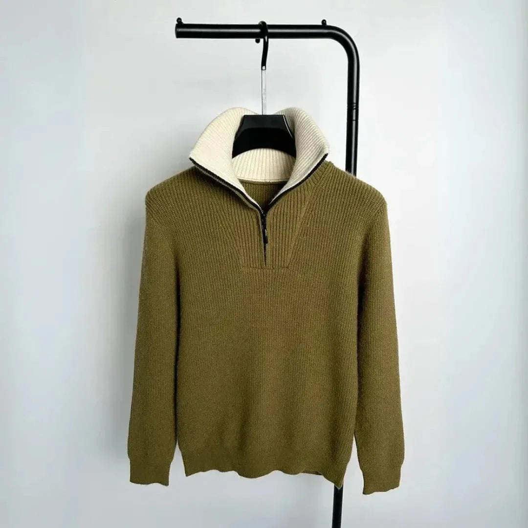 Pull Tricot Alpine À Zip Court Avec Col Debout Contrastant Et Texture Côtelée Douce Pour Style Décontracté