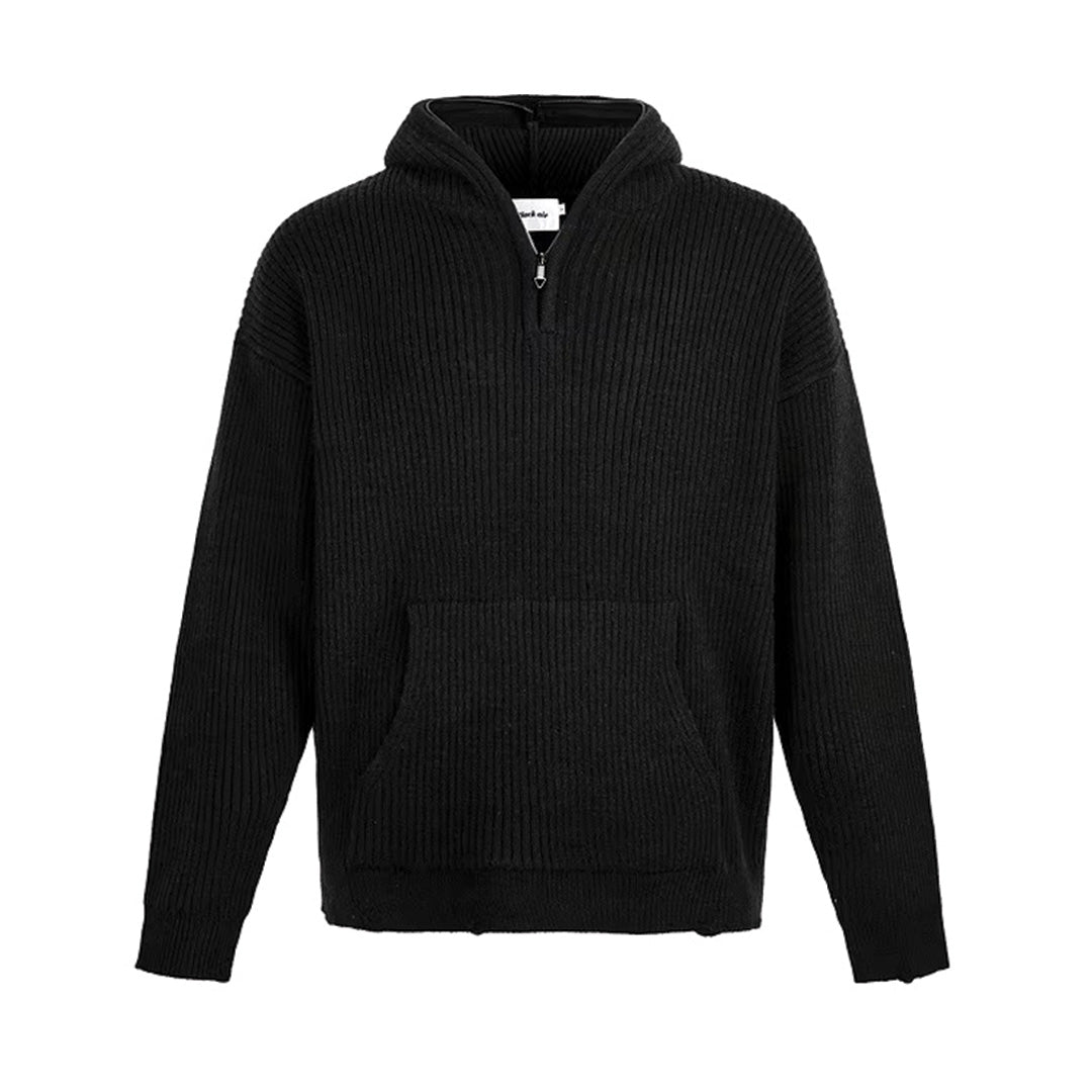 Pull à Capuche Côtelé en Coton Polyester Demi Fermeture Éclair Coupe Slim Décontracté Pour Tenue Décontractée Chic