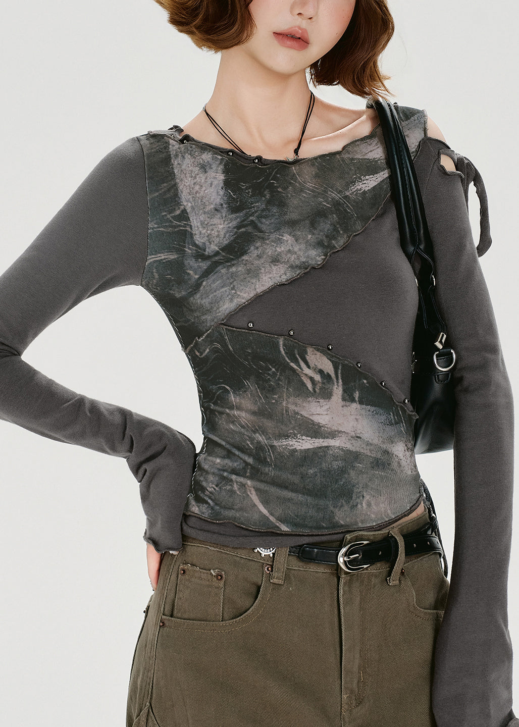 T-shirt en coton patchwork gris style américain deux pièces pour l'automne - Amawinc