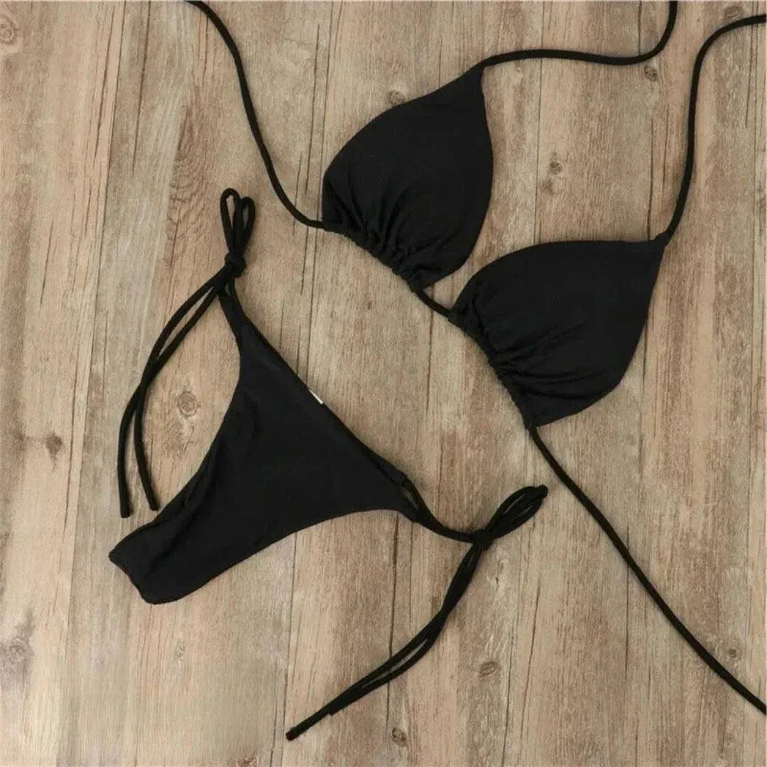 Ensemble Bikini Triangle Classique Deux Pièces Haut Triangle Halter Et Bas À Liens Réglables Pour Maillot De Bain