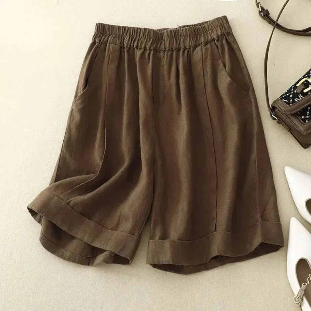 Shorts En Lin Annette À Taille Haute Élastiquée Avec Ourlet Roulé Confortables Et Élégants Pour Été