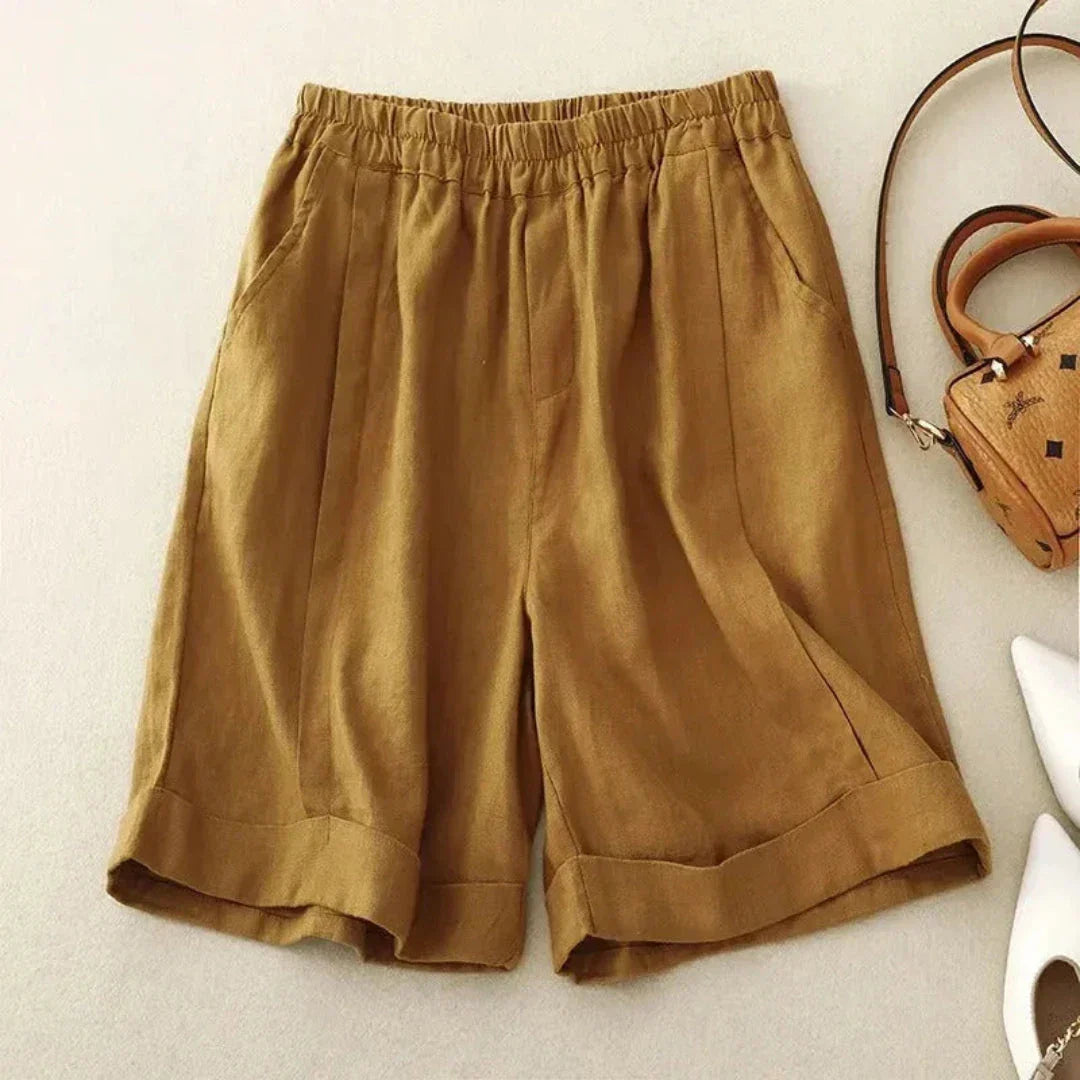 Shorts En Lin Annette À Taille Haute Élastiquée Avec Ourlet Roulé Confortables Et Élégants Pour Été