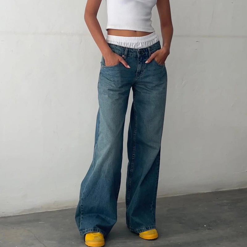 Ardena Jean À Jambe Large Denim Vintage Coton Mi Lourd Doux Taille Mi Haute Cinq Poches