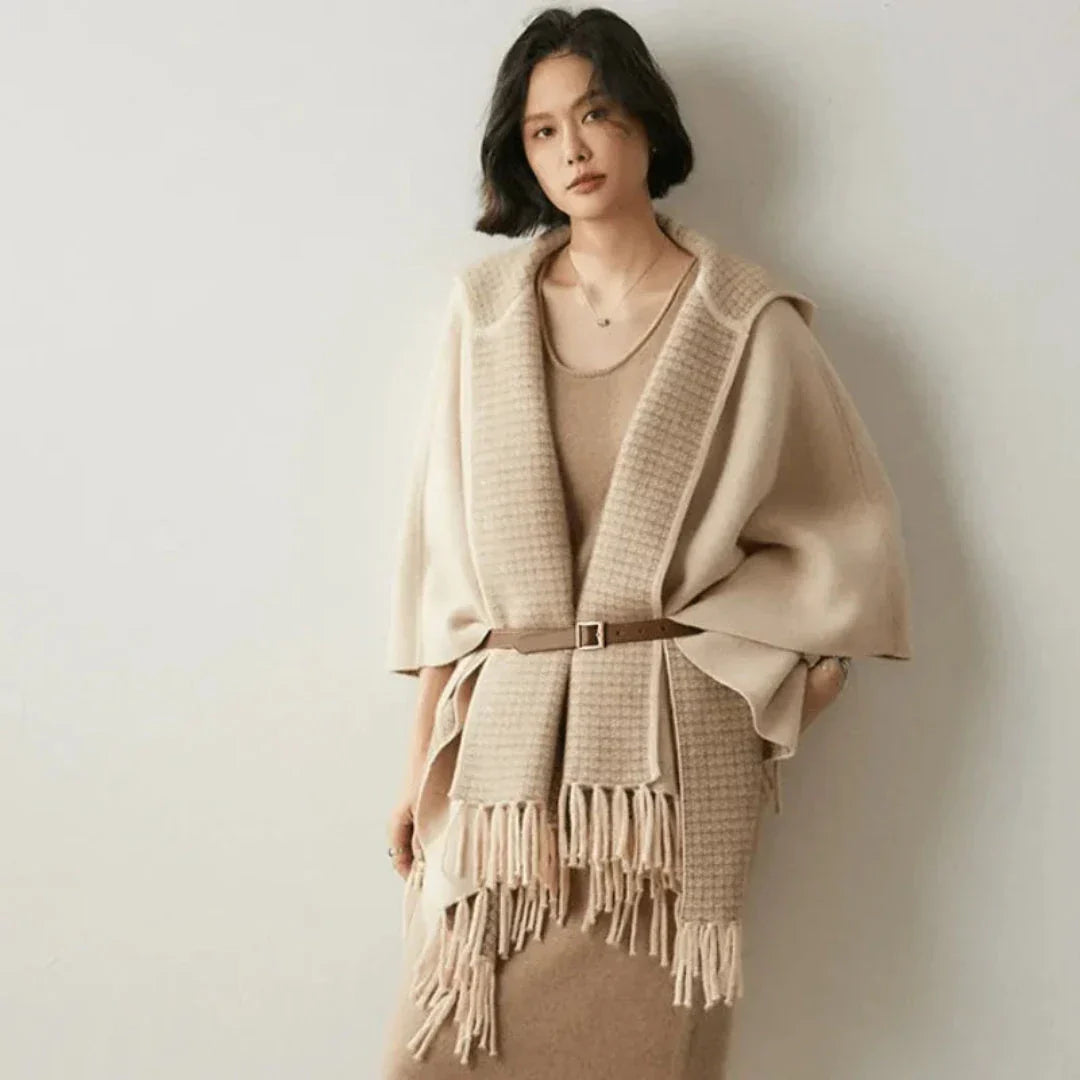 Aria Poncho En Cachemire Avec Capuche Et Franges, Coupe Décontractée Et Fluide Idéale Pour Toutes Saisons