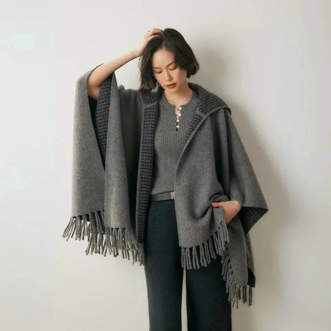 Aria Poncho En Cachemire Avec Capuche Et Franges, Coupe Décontractée Et Fluide Idéale Pour Toutes Saisons