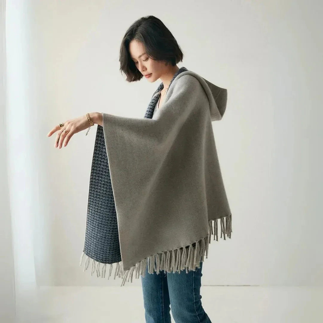Aria Poncho En Cachemire Avec Capuche Et Franges, Coupe Décontractée Et Fluide Idéale Pour Toutes Saisons
