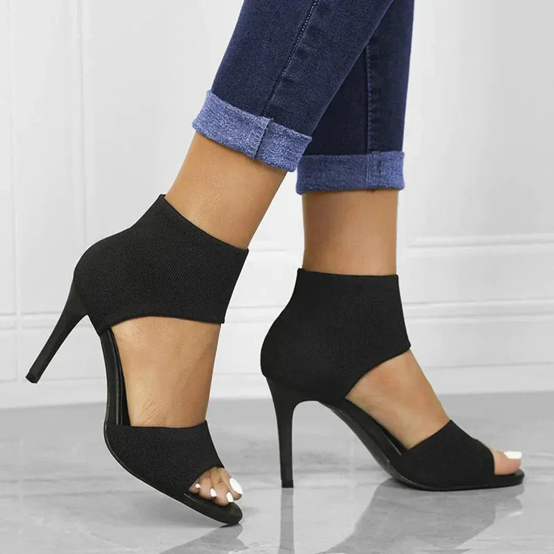 Ariana Sandales Stiletto Noires Ouvertes En Maille Stretch Avec Soutien De Cheville Pour Femme