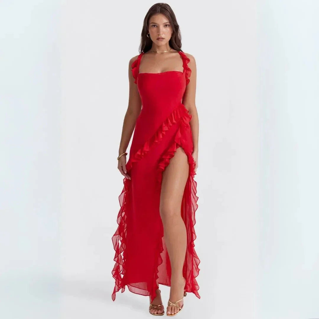 Robe Maxi À Volants Avec Fente Élevée Ariela Waylynn Encolure Carrée Élégante Pour Sorties