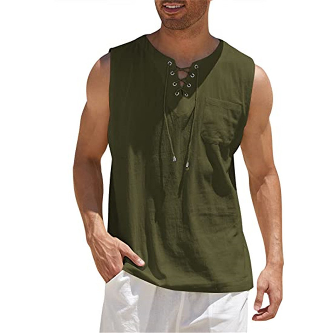 Chemise Sans Manches Homme En Coton Mélangé Avec Laçage Devant Et Poche Poitrine Décontractée Pour Été