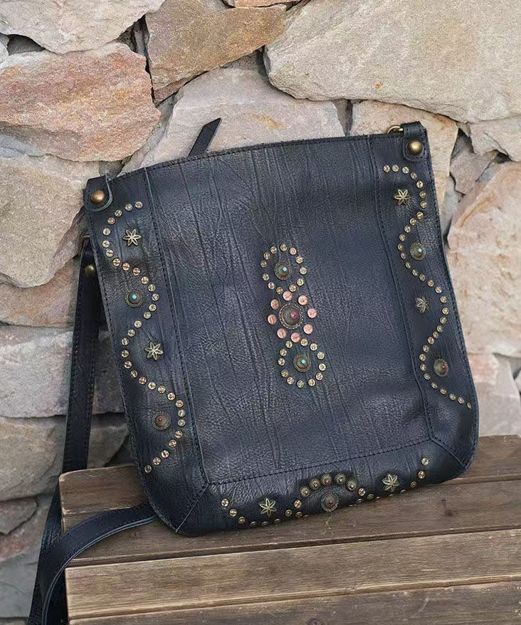 Sac messager à bandoulière en cuir solide et durable avec rivets noirs Art - Amawinc