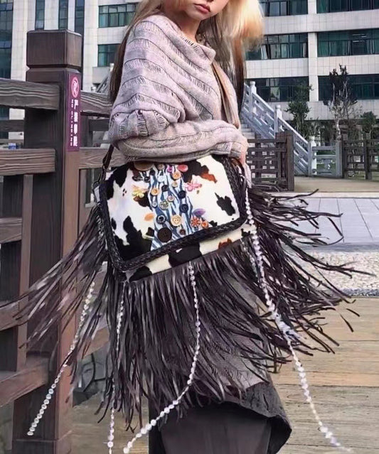 Sac messager en simili-daim marron avec bordure à franges et boutons décorés - Amawinc