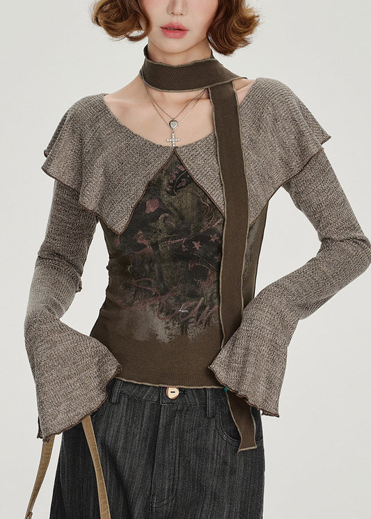 Chemise en coton patchwork à col Peter Pan Art Brown, printemps - Amawinc