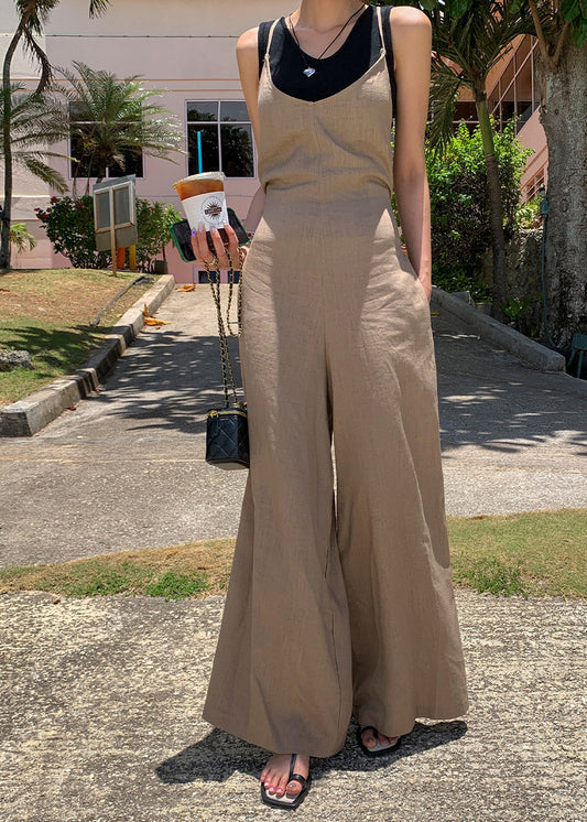 Combinaison pantalon large en coton marron avec ceinture nouée à la taille pour l'été - Amawinc