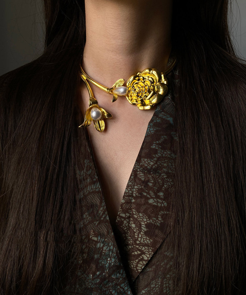 Collier Art Gold Copper Alloy Pearl Camélia - Amawinc
